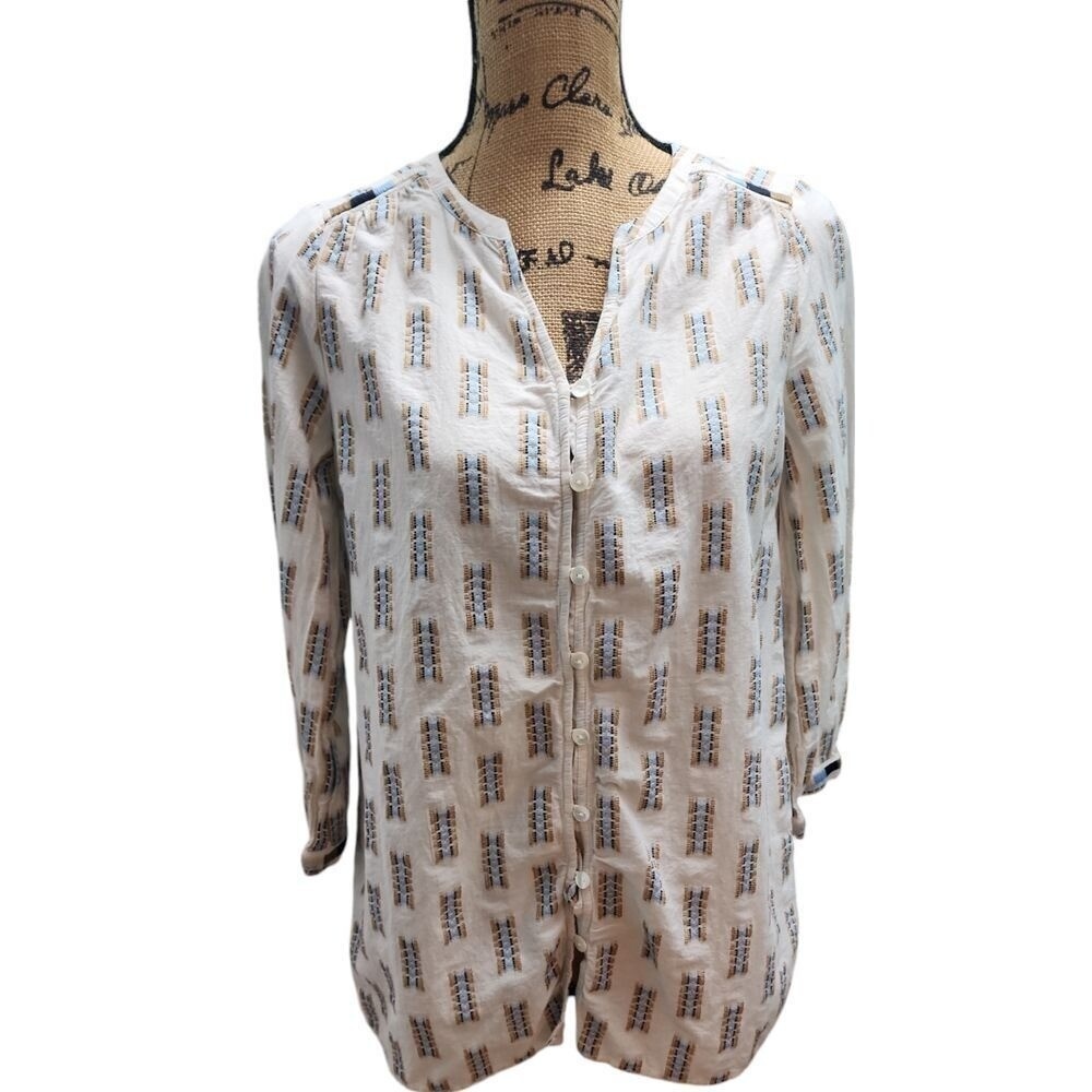 Pure Jill Embroidered Button-Down Blouse Geometric Pattern White Blue XS